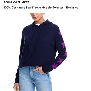 Aqua Cashmere Navy Hoodie Sweater with Pink Star Sleeve Detail